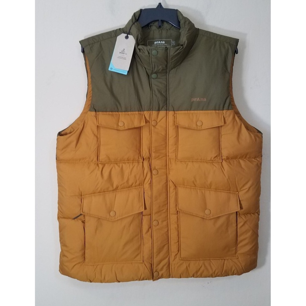 prAna Vest‎ Men XL Full Zip Duck Down Puffer Timber Trail Green Orange NEW
